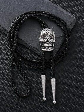 NEW Bolo Tie Skull Skeleton Leather Necktie Rope Cord Pendant Necklace Goth